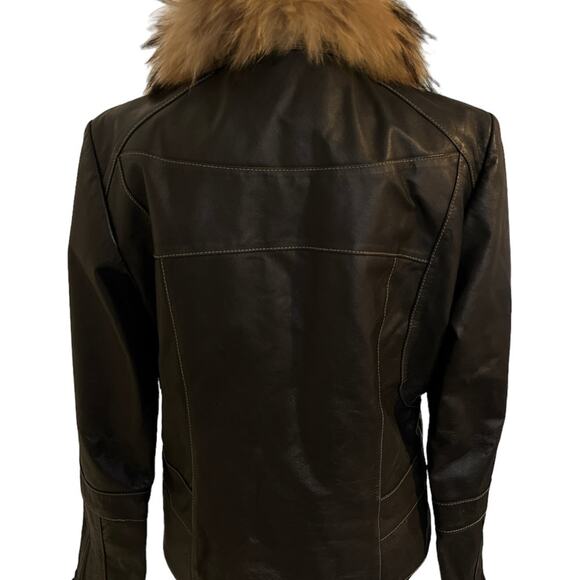 Womens Leather & Fur Collar Jacket Mob Wives Biker Moto Size M Espresso - Picture 3 of 9